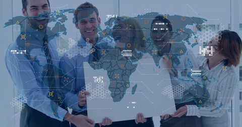 Business team holding blank board with digital world map overlay for global data presentations