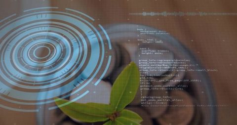 Hands holding green seedling over lab pot with augmented reality hud and code overlay