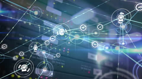 Futuristic Digital Network with Glowing Icons and Nodes