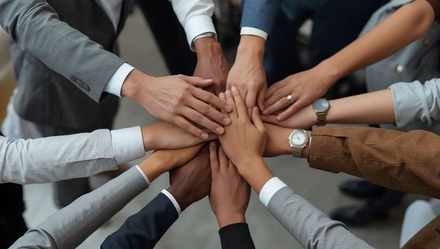 Diverse business team uniting with hands stacked in office