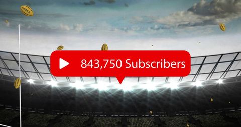 Illuminated rugby stadium during game features overlay showing a social media subscriber figure in red notification box format. Rugby balls are falling, emphasizing dynamic action. Use for social media promotions to highlight digital follower achievements, ad campaigns for sports-related content, or for visually engaging sports marketing materials.
