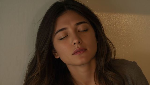 Young woman relaxing with eyes closed leaning on wall in warm sidelight wearing gray blazer