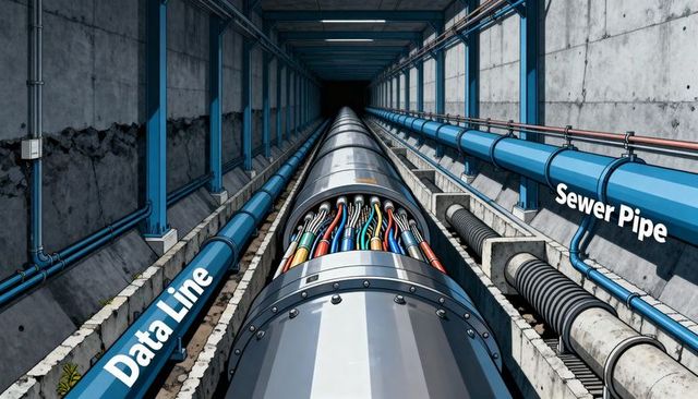Subterranean conduit revealing colorful fiber cables with blue data and sewer pipes
