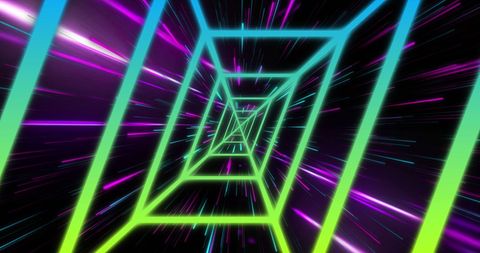 Neon shapes over light trails in dynamic abstract concept