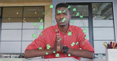 Entrepreneur Reviewing Financial Data with Floating Holographic Analytics Overlay