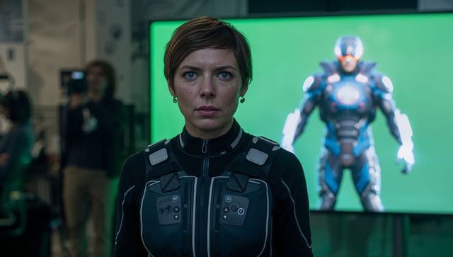 Female actor in mocap suit standing at greenscreen monitor with armored cgi character