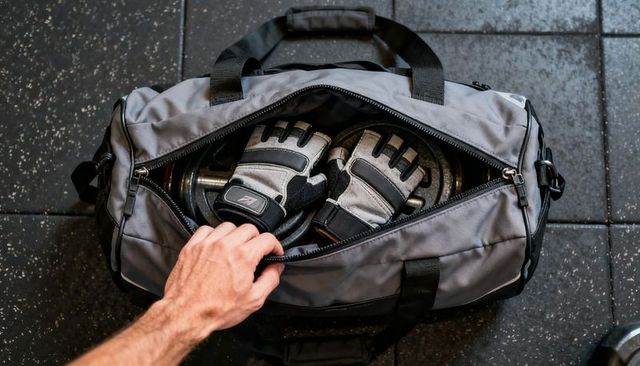 Unzipping gym duffel with weight plates and padded gloves on black rubber flooring