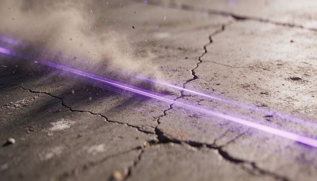 Cutting violet laser beam across cracked asphalt, kicking dust and sparks, gritty industrial