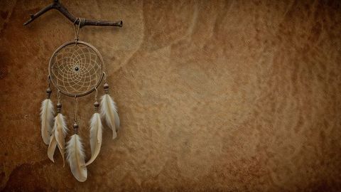 Rustic dreamcatcher with feathers on textured background