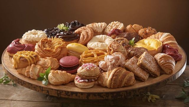 Assorted french pastries on rustic wooden platter showcasing croissants, macarons, tarts