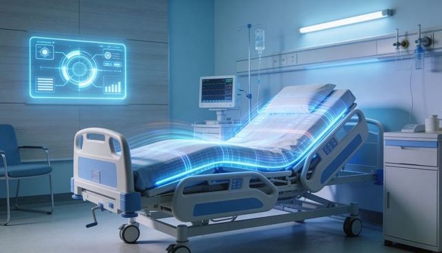 Futuristic hospital bed showcasing holographic mattress overlay with bedside monitor, iv