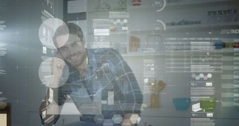 Businessman analyzing data with futuristic interface holograms