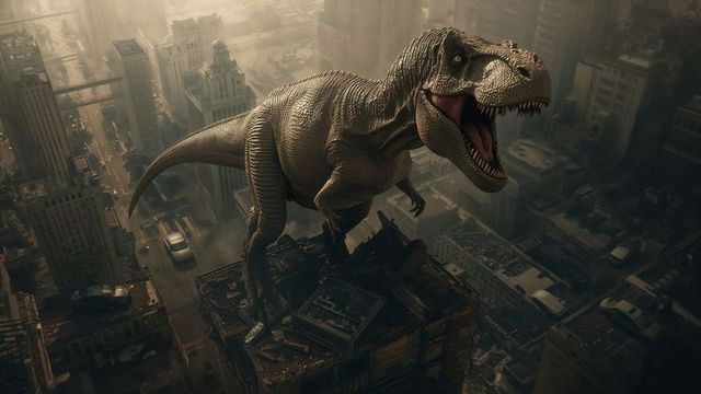 Gigantic theropod towering over cityscape ruins
