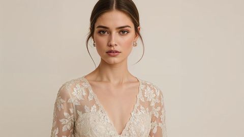 Elegant bridal beautiful lady portrait showcasing ivory lace gown with floral embroidery