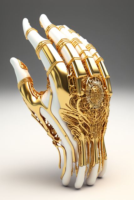 Image of cyber prosthetic of hand on gray background, created using generative ai technology. Cyber, prosthetics and future concept, digitally generated image.