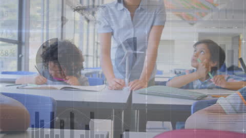 Infographic Interface Overlay on Teacher with Classroom Students