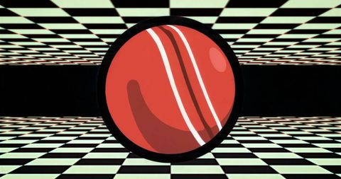 Floating red sphere spinning in neon checkerboard tunnel with black ring and white stripes