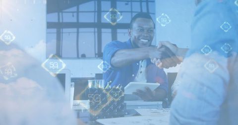 5G Technology Network Overlaid on Business Handshake Meeting
