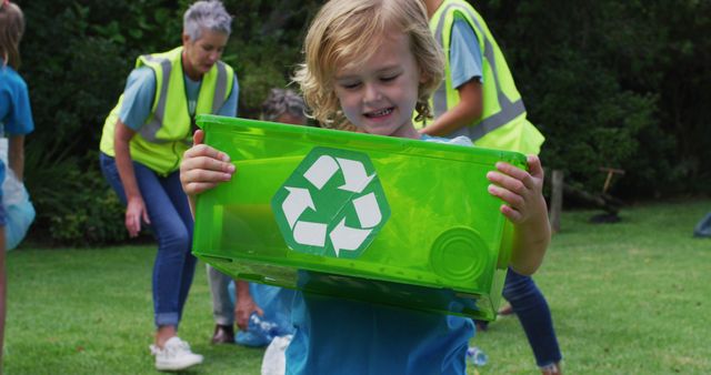 Young girl holding green recycling bin with volunteers in park collecting recyclables. Perfect for illustrating community environmental initiatives, educational materials on recycling, conservation activities, family-oriented sustainable practices, and promoting teamwork in ecology.
