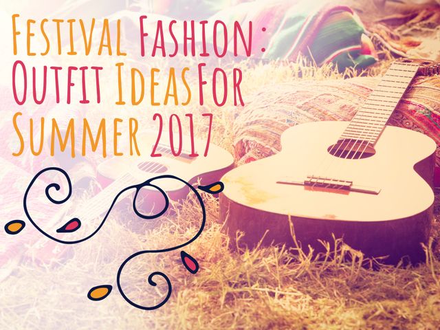 Celebrating summer style, a guitar and vibrant textiles set the scene for festival fashion inspiration. This template evokes a carefree, bohemian vibe, perfect for music event promotions or seasonal fashion blog posts.