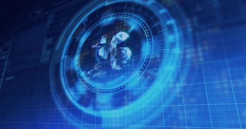 Rotating holographic particle core hovering over blue grid with concentric hud rings