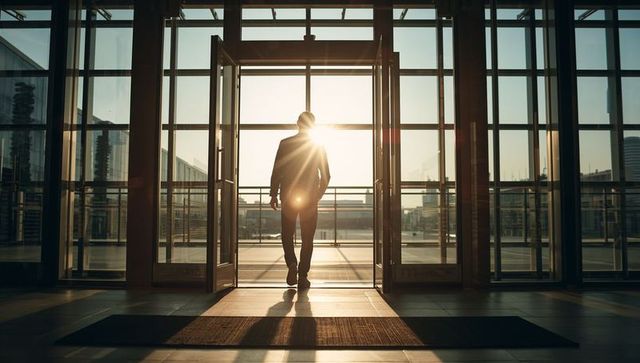 Silhouetted man walking through glass lobby toward rising sun and urban cityscape
