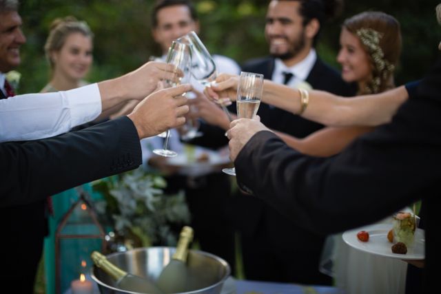 Guests toasting glasses of champagne in park