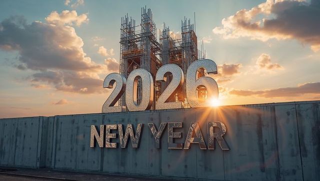 2026 New Year Metallic Numbers Rising Over Industrial Construction at Sunrise