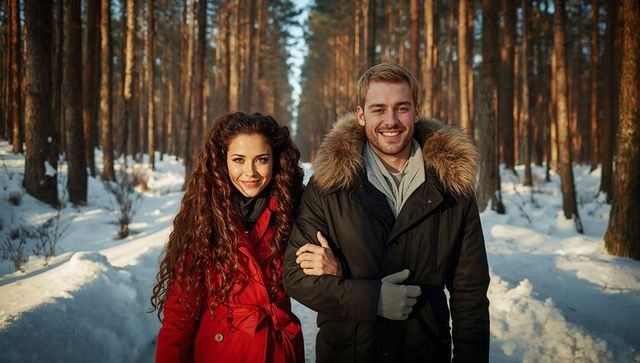 Smiling Couple Walking on Snow-Covered Pine Trail in Winter