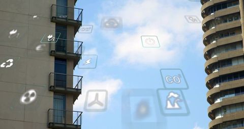 Floating augmented app tiles hovering above urban balconies and curved skyscraper facade