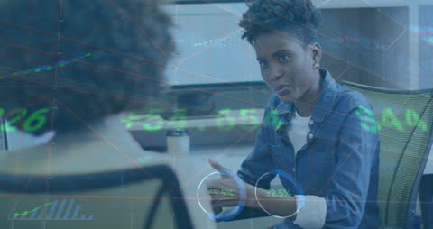 Professional Business Meeting Amidst Digital Interface Elements