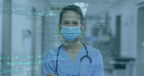 Nurse in hospital corridor embracing digital healthcare technology