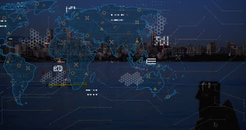 Digital Data Processing with World Map Overlay at Night
