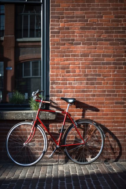 Red bike leaning against building brick wall in city street, created using generative ai technology. Urban lifestyle and green eco transport concept digitally generated image.