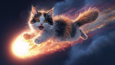 Soaring Fluffy Calico Kitten Riding Glowing Meteor Across Starry Cosmic Sky with Fiery Trail