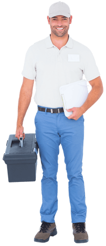 Smiling Repairman Holding Toolbox and Clipboard on Transparent Background