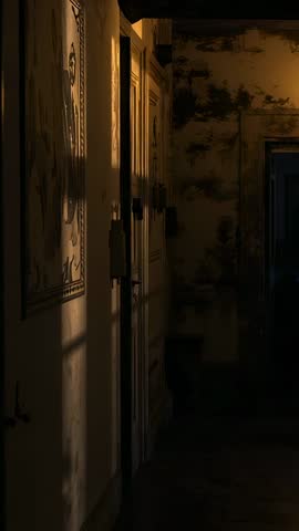 Shifting sunbeam revealing carved doors and window grid shadow in dim corridor