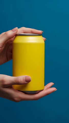 Female hands presenting yellow aluminum can in vertical product video for branding mockup