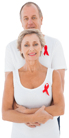 Mature couple wearing white clothes with red AIDS ribbons, promoting awareness and solidarity. Ideal for campaigns focused on wellness, caregiving, or community health initiatives. Can be used on social media, informational brochures, or health websites highlighting charity and support groups.