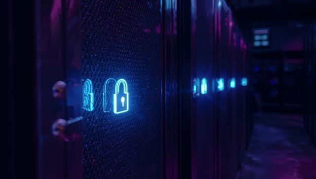 Neon lock icon displaying on secure server rack with led lighting