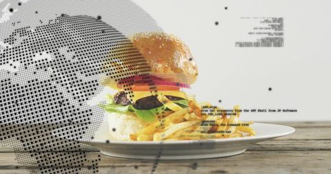 Digital food tech concept: cheeseburger with fries and global data overlay