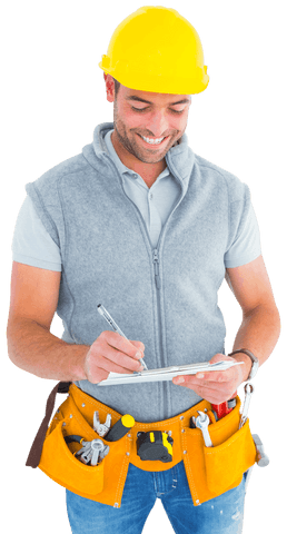 Transparent Smiling Repairman with Yellow Hard Hat Using Clipboard - Download Free Stock Videos Pikwizard.com