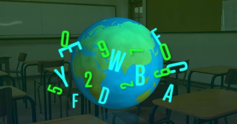Digital composition of numbers and letters surrounding globe in classroom