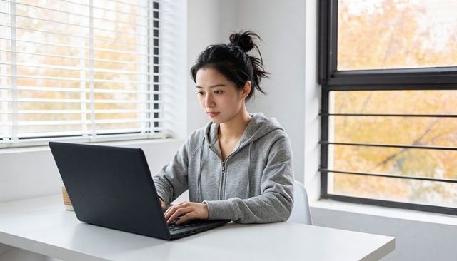 Young woman working on laptop at minimalist home desk by window with autumn sunlight