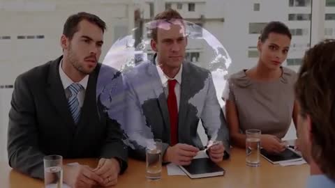 Multi-Ethnic Business Team in Conference Room with Digital Globe Overlay