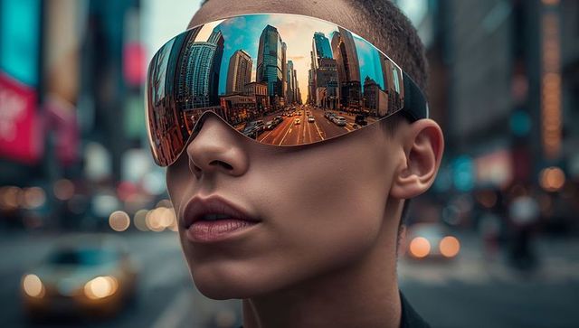 Mirrored visor reflecting downtown skyline and bustling traffic, close-up fashion urban portrait