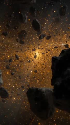 Vertical camera drifting through glowing asteroid belt toward luminous core and floating boulders