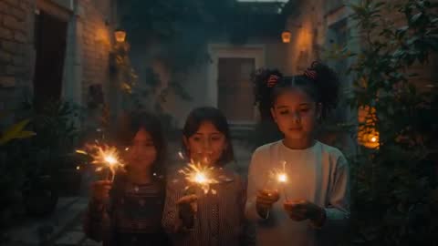 Children Enjoying Festive Evening with Sparklers