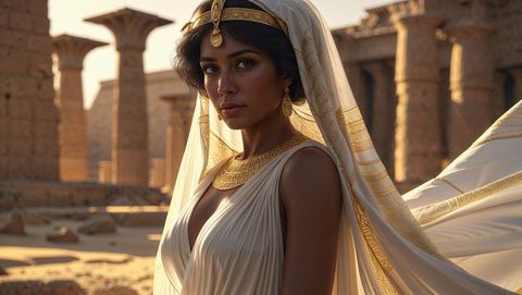 Regal cleopatra in ivory gown at ancient temple ruins in desert