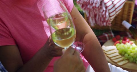 Enjoying Picnic with White Wine and Fresh Snacks